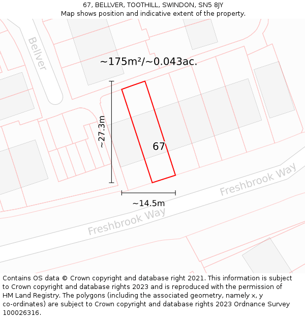 67, BELLVER, TOOTHILL, SWINDON, SN5 8JY: Plot and title map