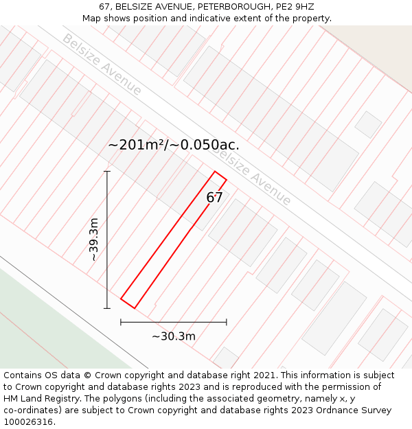 67, BELSIZE AVENUE, PETERBOROUGH, PE2 9HZ: Plot and title map