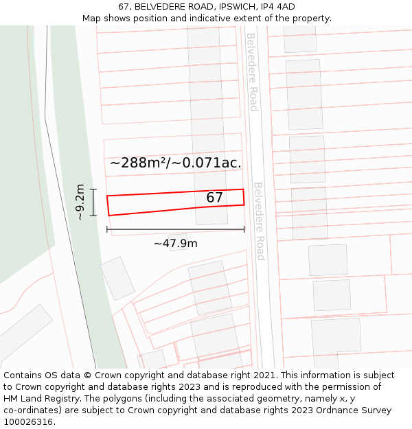 67, BELVEDERE ROAD, IPSWICH, IP4 4AD: Plot and title map