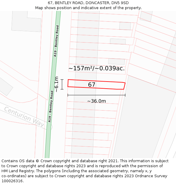 67, BENTLEY ROAD, DONCASTER, DN5 9SD: Plot and title map
