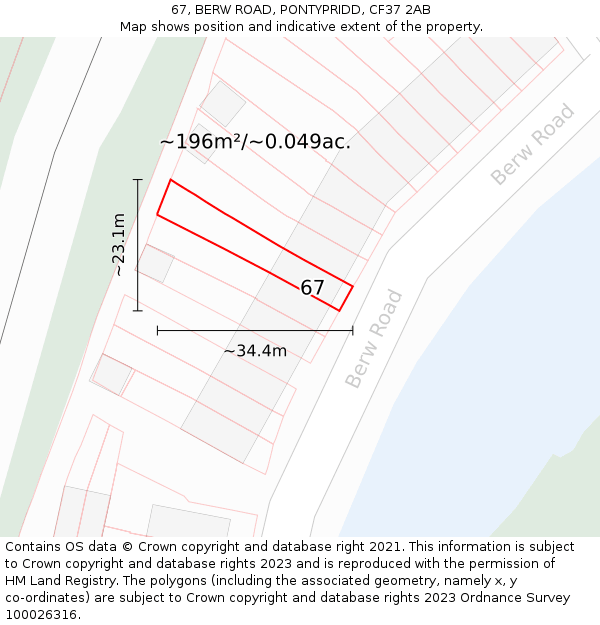 67, BERW ROAD, PONTYPRIDD, CF37 2AB: Plot and title map