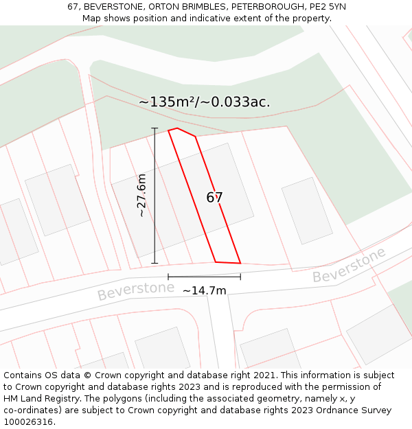 67, BEVERSTONE, ORTON BRIMBLES, PETERBOROUGH, PE2 5YN: Plot and title map