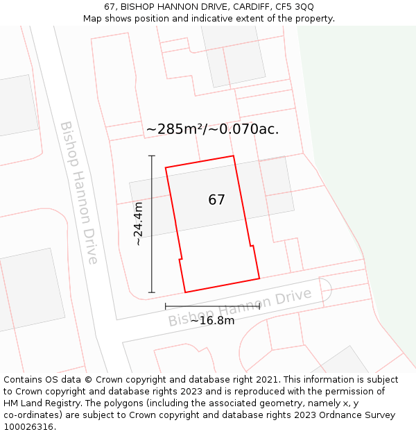 67, BISHOP HANNON DRIVE, CARDIFF, CF5 3QQ: Plot and title map