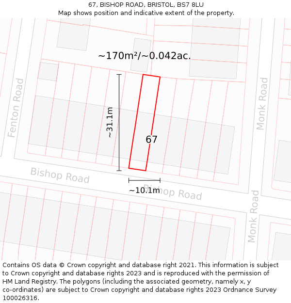 67, BISHOP ROAD, BRISTOL, BS7 8LU: Plot and title map