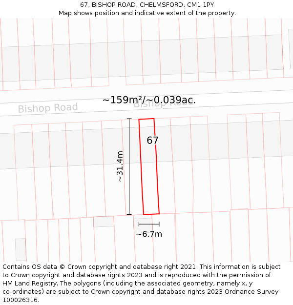 67, BISHOP ROAD, CHELMSFORD, CM1 1PY: Plot and title map
