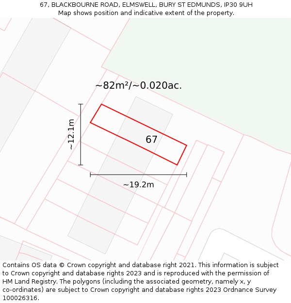 67, BLACKBOURNE ROAD, ELMSWELL, BURY ST EDMUNDS, IP30 9UH: Plot and title map