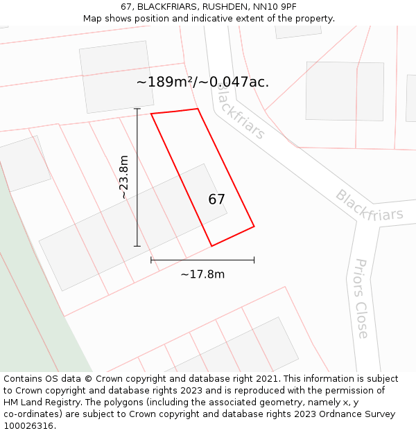67, BLACKFRIARS, RUSHDEN, NN10 9PF: Plot and title map