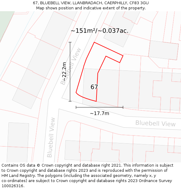 67, BLUEBELL VIEW, LLANBRADACH, CAERPHILLY, CF83 3GU: Plot and title map