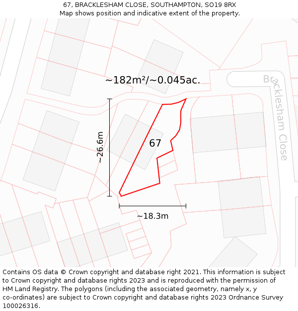 67, BRACKLESHAM CLOSE, SOUTHAMPTON, SO19 8RX: Plot and title map