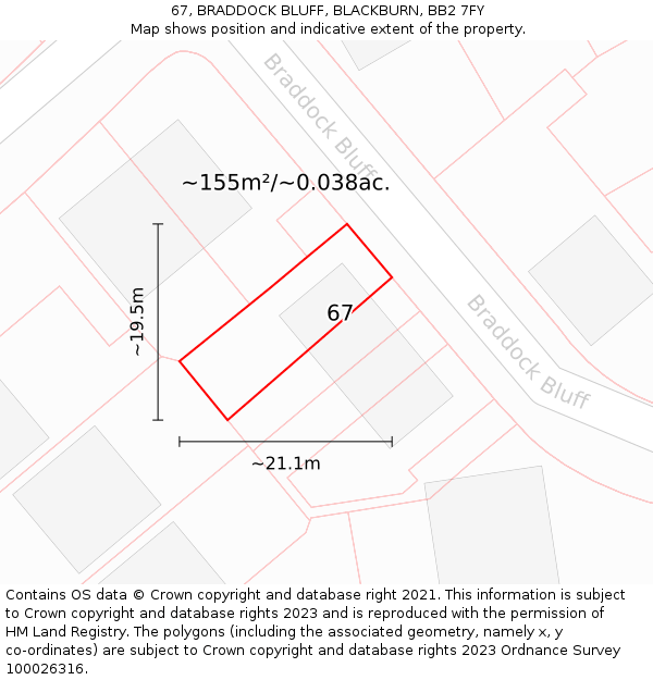 67, BRADDOCK BLUFF, BLACKBURN, BB2 7FY: Plot and title map