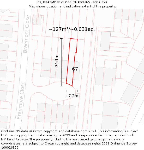 67, BRAEMORE CLOSE, THATCHAM, RG19 3XP: Plot and title map