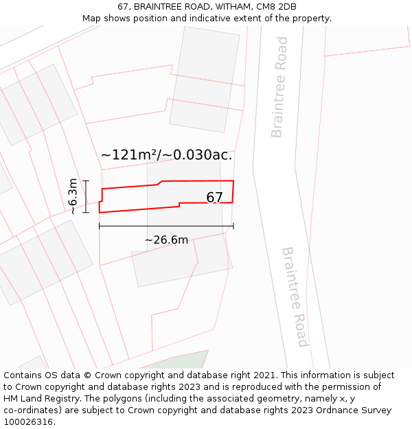 67, BRAINTREE ROAD, WITHAM, CM8 2DB: Plot and title map