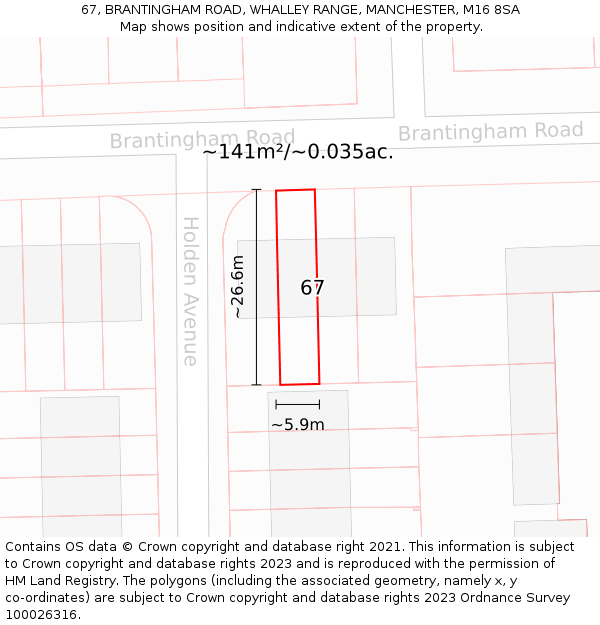 67, BRANTINGHAM ROAD, WHALLEY RANGE, MANCHESTER, M16 8SA: Plot and title map