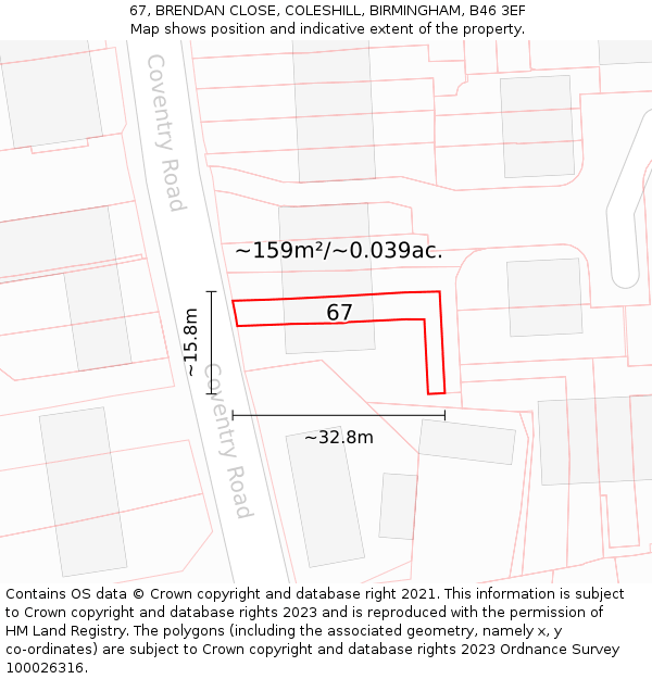 67, BRENDAN CLOSE, COLESHILL, BIRMINGHAM, B46 3EF: Plot and title map