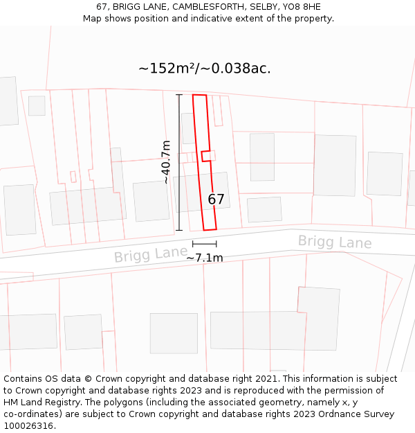 67, BRIGG LANE, CAMBLESFORTH, SELBY, YO8 8HE: Plot and title map