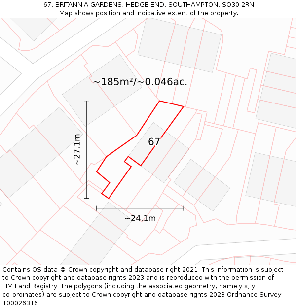 67, BRITANNIA GARDENS, HEDGE END, SOUTHAMPTON, SO30 2RN: Plot and title map