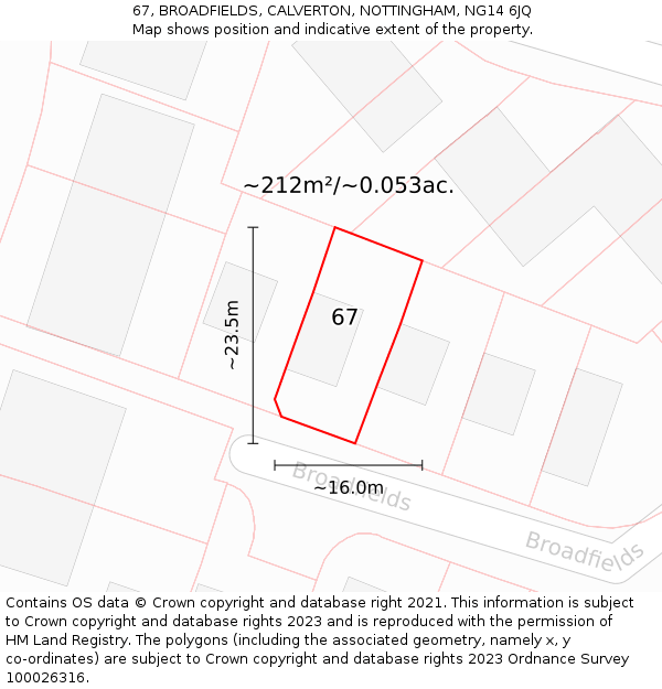 67, BROADFIELDS, CALVERTON, NOTTINGHAM, NG14 6JQ: Plot and title map