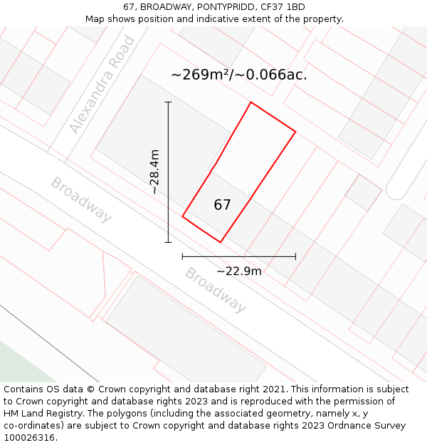 67, BROADWAY, PONTYPRIDD, CF37 1BD: Plot and title map