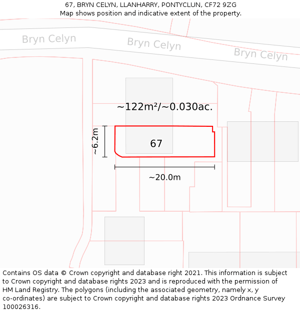 67, BRYN CELYN, LLANHARRY, PONTYCLUN, CF72 9ZG: Plot and title map