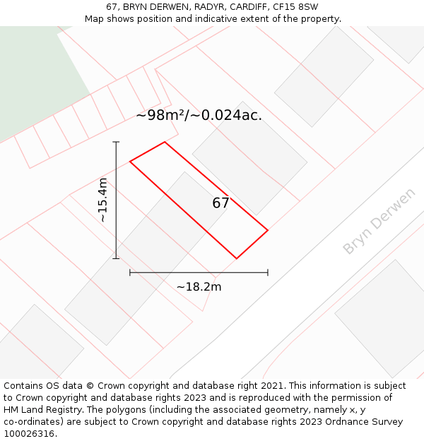 67, BRYN DERWEN, RADYR, CARDIFF, CF15 8SW: Plot and title map