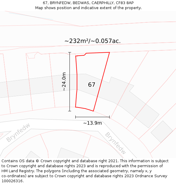 67, BRYNFEDW, BEDWAS, CAERPHILLY, CF83 8AP: Plot and title map