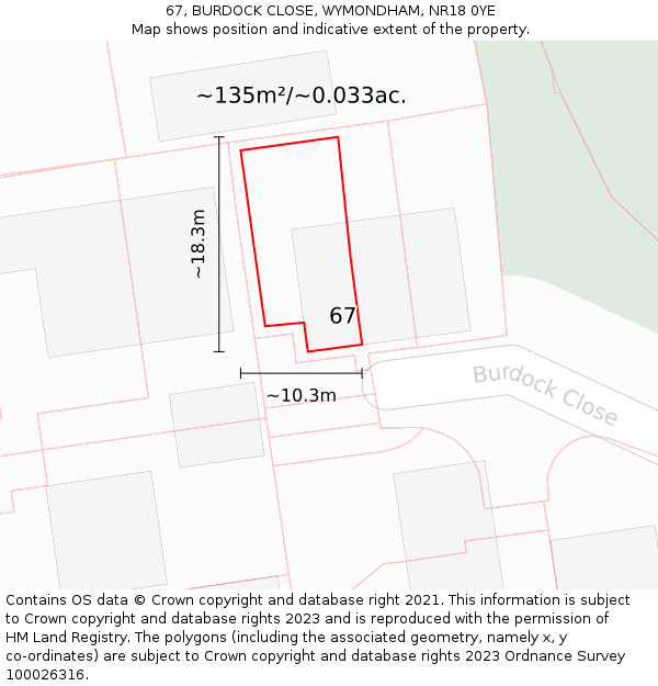 67, BURDOCK CLOSE, WYMONDHAM, NR18 0YE: Plot and title map