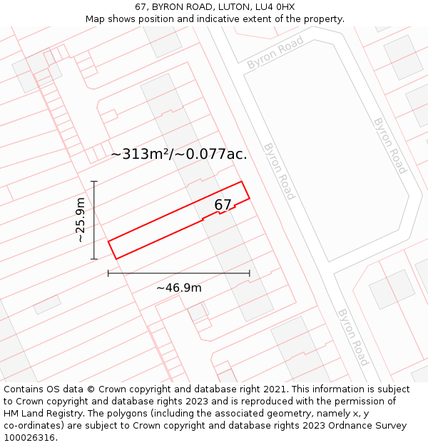 67, BYRON ROAD, LUTON, LU4 0HX: Plot and title map
