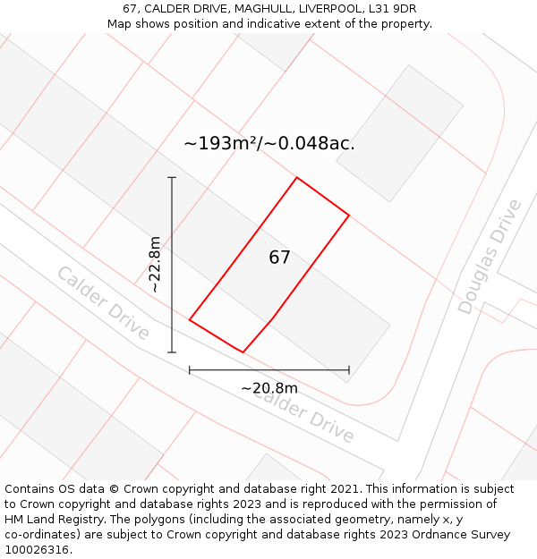 67, CALDER DRIVE, MAGHULL, LIVERPOOL, L31 9DR: Plot and title map