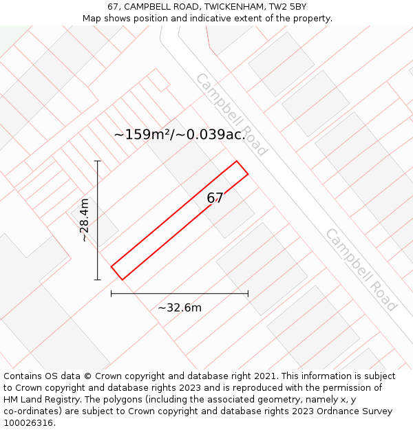 67, CAMPBELL ROAD, TWICKENHAM, TW2 5BY: Plot and title map