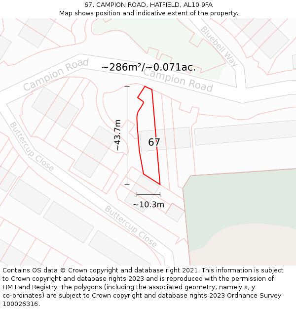 67, CAMPION ROAD, HATFIELD, AL10 9FA: Plot and title map
