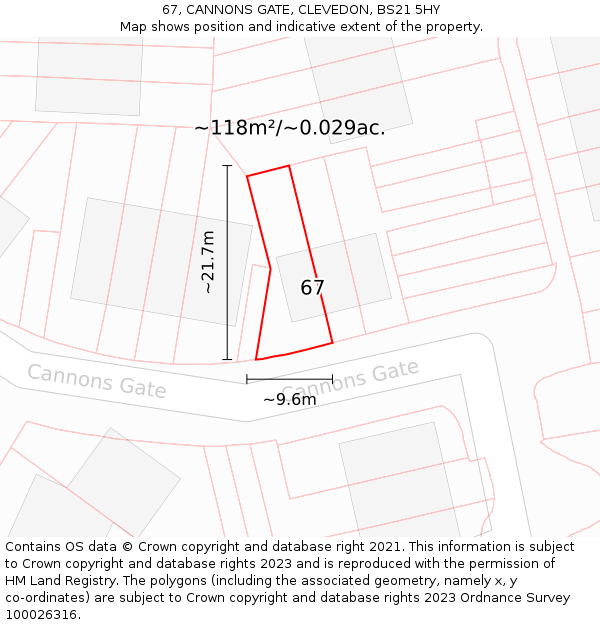 67, CANNONS GATE, CLEVEDON, BS21 5HY: Plot and title map