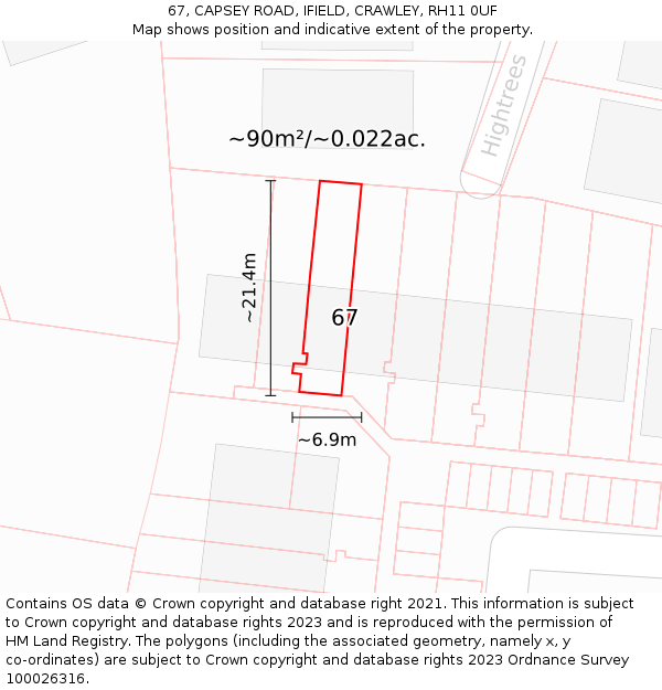 67, CAPSEY ROAD, IFIELD, CRAWLEY, RH11 0UF: Plot and title map