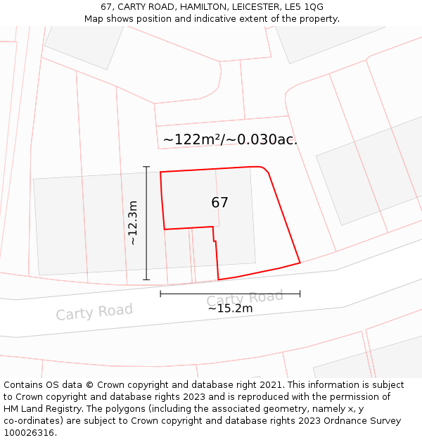 67, CARTY ROAD, HAMILTON, LEICESTER, LE5 1QG: Plot and title map