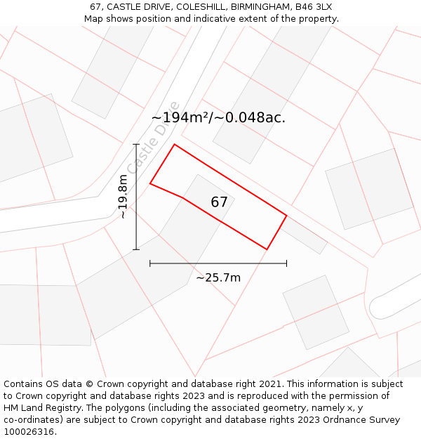 67, CASTLE DRIVE, COLESHILL, BIRMINGHAM, B46 3LX: Plot and title map