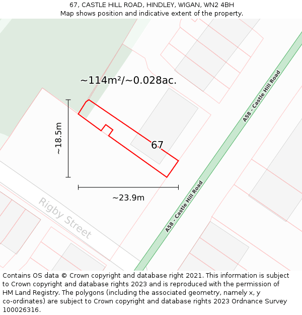 67, CASTLE HILL ROAD, HINDLEY, WIGAN, WN2 4BH: Plot and title map