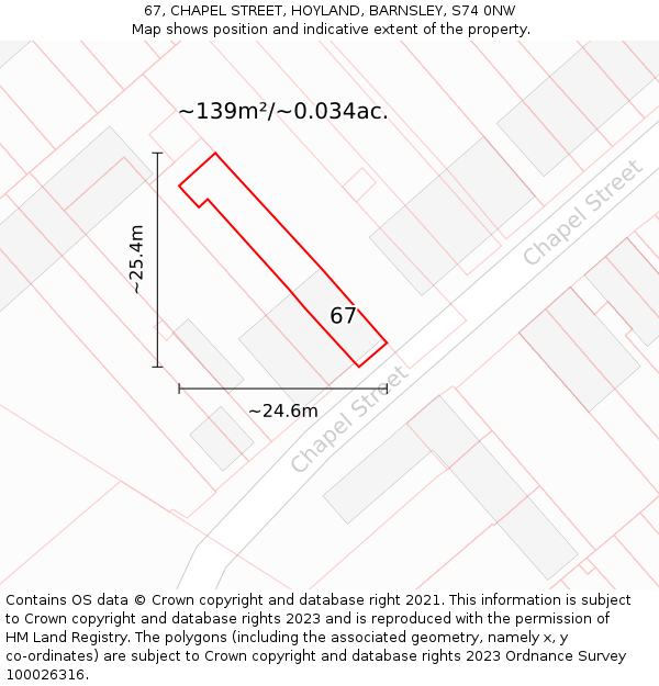 67, CHAPEL STREET, HOYLAND, BARNSLEY, S74 0NW: Plot and title map