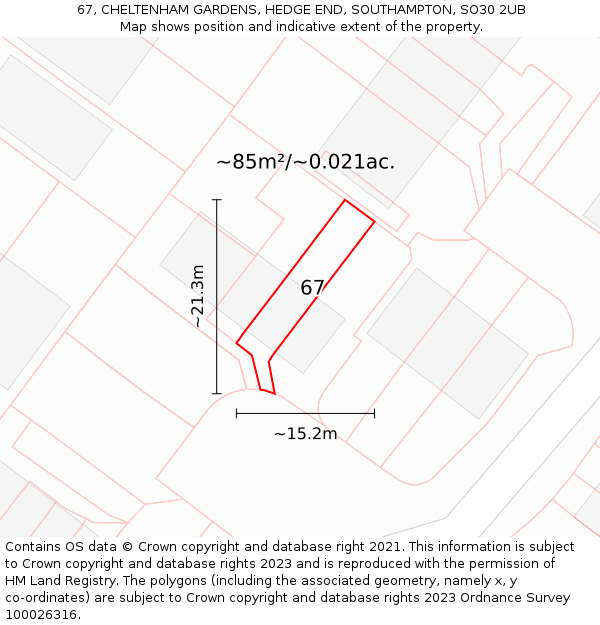 67, CHELTENHAM GARDENS, HEDGE END, SOUTHAMPTON, SO30 2UB: Plot and title map