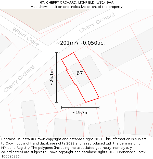 67, CHERRY ORCHARD, LICHFIELD, WS14 9AA: Plot and title map
