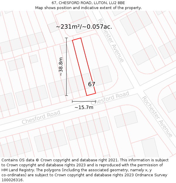 67, CHESFORD ROAD, LUTON, LU2 8BE: Plot and title map