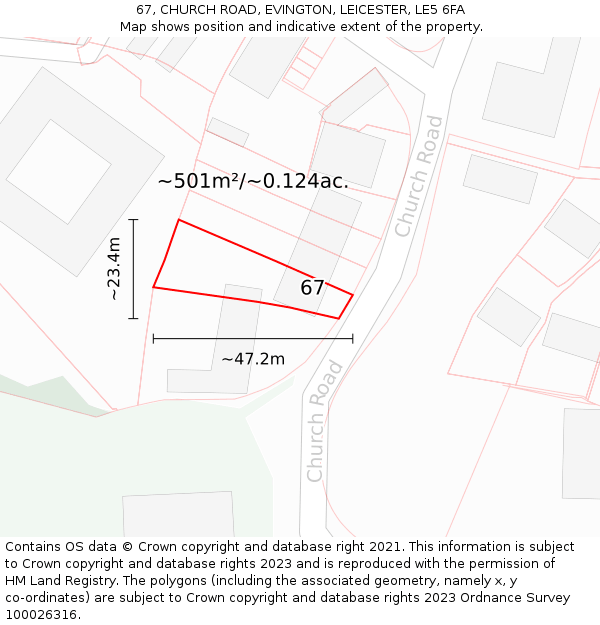 67, CHURCH ROAD, EVINGTON, LEICESTER, LE5 6FA: Plot and title map