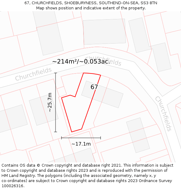67, CHURCHFIELDS, SHOEBURYNESS, SOUTHEND-ON-SEA, SS3 8TN: Plot and title map