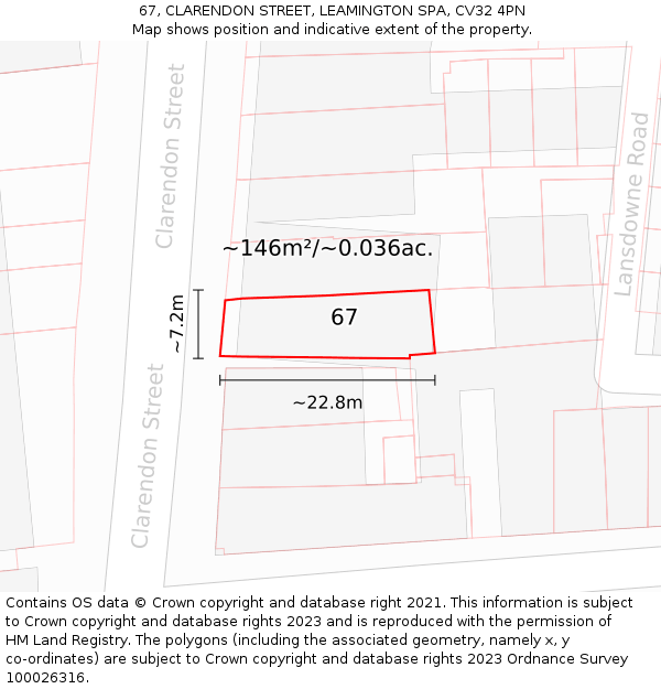 67, CLARENDON STREET, LEAMINGTON SPA, CV32 4PN: Plot and title map