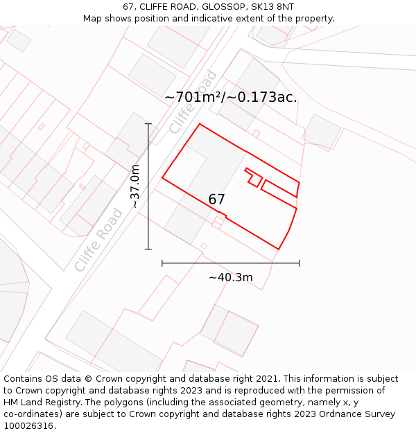 67, CLIFFE ROAD, GLOSSOP, SK13 8NT: Plot and title map