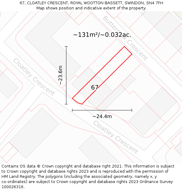 67, CLOATLEY CRESCENT, ROYAL WOOTTON BASSETT, SWINDON, SN4 7FH: Plot and title map