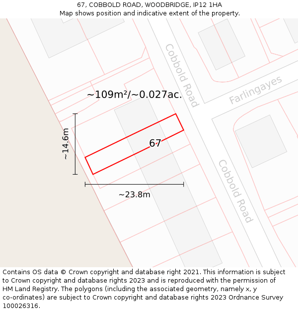 67, COBBOLD ROAD, WOODBRIDGE, IP12 1HA: Plot and title map