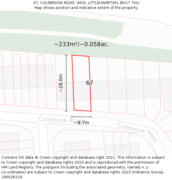 67, COLEBROOK ROAD, WICK, LITTLEHAMPTON, BN17 7NU: Plot and title map