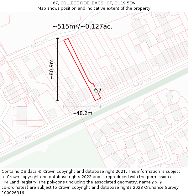 67, COLLEGE RIDE, BAGSHOT, GU19 5EW: Plot and title map