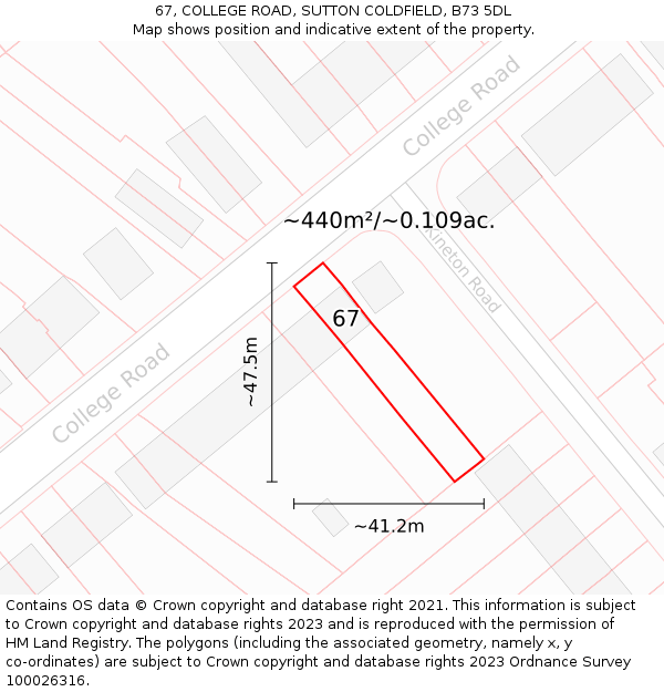 67, COLLEGE ROAD, SUTTON COLDFIELD, B73 5DL: Plot and title map