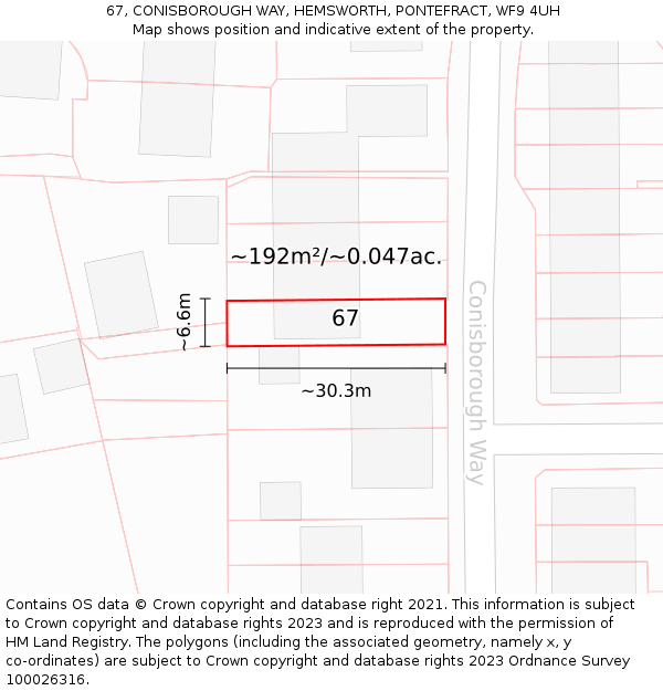 67, CONISBOROUGH WAY, HEMSWORTH, PONTEFRACT, WF9 4UH: Plot and title map