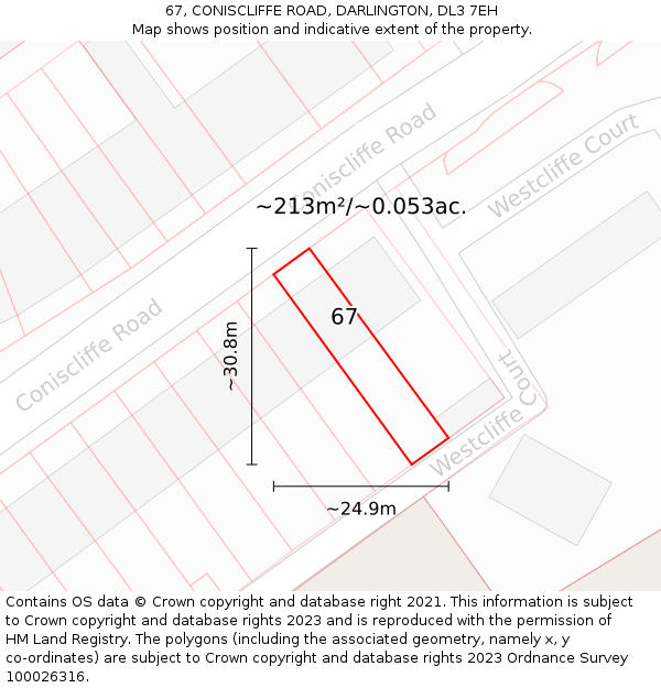 67, CONISCLIFFE ROAD, DARLINGTON, DL3 7EH: Plot and title map
